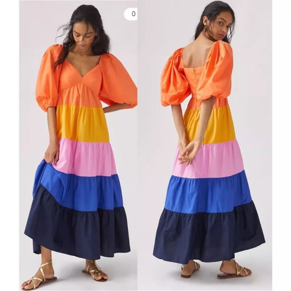 Farm Rio tiered dress maxi color block